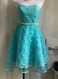 Ndyad Strapless A-Line Short Prom Dresses Lace Blue Homecoming Dresses Birthday Dresses HZ1024