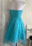 Ndyad Strapless A-Line Short Prom Dresses Lace Blue Homecoming Dresses Birthday Dresses HZ1024