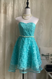 Ndyad Strapless A-Line Short Prom Dresses Lace Blue Homecoming Dresses Birthday Dresses HZ1024