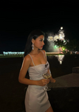 Ndyad Spaghetti Strap Sheath Short Prom Dresses Satin Silver Homecoming Dresses Birthday Dresses HZ1024