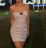 Ndyad Spaghetti Strap Sheath Short Prom Dresses Satin Silver Homecoming Dresses Birthday Dresses HZ1024