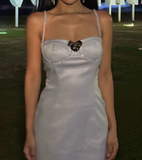 Ndyad Spaghetti Strap Sheath Short Prom Dresses Satin Silver Homecoming Dresses Birthday Dresses HZ1024