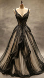 Ndyad V-neck A-Line Long Prom Dresses Glitter Tulle Black Evening Dresses HZ1024