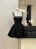 Evafashion A-Line Black Homecoming Dresses Rhinestone Satin Mini Birtdhay Dresses Square Neck Formal Dresses HZ1024