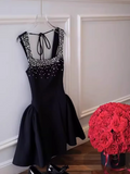 Evafashion A-Line Black Homecoming Dresses Rhinestone Satin Mini Birtdhay Dresses Square Neck Formal Dresses HZ1024
