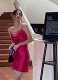 Ndyad Spaghetti Strap Sheath Short Prom Dresses Satin Sleeveless Birthday Dresses Hot Pink Homecoming Dresses HZ1024