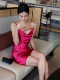 Ndyad Spaghetti Strap Sheath Short Prom Dresses Satin Sleeveless Birthday Dresses Hot Pink Homecoming Dresses HZ1024