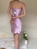 Ndyad Spaghetti Strap Sheath Short Prom Dresses Purple Birthday Dresses Satin Sleeveless Homecoming Dresses HZ1024