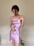 Ndyad Spaghetti Strap Sheath Short Prom Dresses Purple Birthday Dresses Satin Sleeveless Homecoming Dresses HZ1024