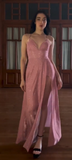 Ndyad Spaghetti Strap A-Line Long Prom Dresses with Slits Open Back Dusty Pink Formal Dresses HZ1024