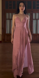 Ndyad Spaghetti Strap A-Line Long Prom Dresses with Slits Open Back Dusty Pink Formal Dresses HZ1024