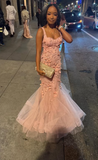 Ndyad Straps Mermaid Long Prom Dresses with Appliqu¨¦ Tulle Pink Formal Dresses Sweet Birthday Dresses HZ1024