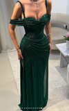 Ndyad Spaghetti Strap Sheath Long Prom Dresses Sparkly Tulle Dark Green Evening Gowns HZ1024