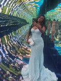 Ndyad Strapless Mermaid Long Prom Dresses Tulle Light Blue Evening Gowns HZ1024