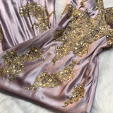 Ndyad V-neck Sheath Long Prom DResses Satin Sequins Gray Purple Formal Dresses HZ1024