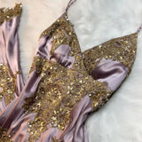 Ndyad V-neck Sheath Long Prom DResses Satin Sequins Gray Purple Formal Dresses HZ1024