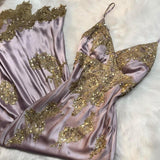 Ndyad V-neck Sheath Long Prom DResses Satin Sequins Gray Purple Formal Dresses HZ1024