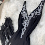 Ndyad V-neck Sheath Long Prom Dresses Chiffon Sequin Black Formal Dresses Sleeveless Evening Gowns HZ1024