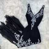 Ndyad V-neck Sheath Long Prom Dresses Chiffon Sequin Black Formal Dresses Sleeveless Evening Gowns HZ1024