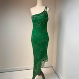Ndyad One Shoulder Sheath Formal Dresses Chiffon Beaded Green Prom Dresses Elegant Evening Gowns HZ1024