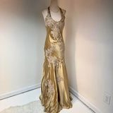 Ndyad Halter Gold Formal Dresses Satin Applique Prom Dresses Elegant Sheath Evening Gowns HZ1024