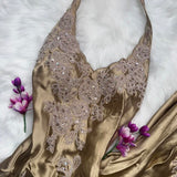 Ndyad Halter Gold Formal Dresses Satin Applique Prom Dresses Elegant Sheath Evening Gowns HZ1024