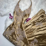 Ndyad Halter Gold Formal Dresses Satin Applique Prom Dresses Elegant Sheath Evening Gowns HZ1024