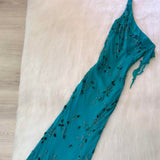 Ndyad One Shoulder Turquoise Long Formal Dresses Chiffon Beaded Prom Dresses Elegant Sheath Evening Gowns HZ1024