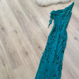 Ndyad One Shoulder Turquoise Long Formal Dresses Chiffon Beaded Prom Dresses Elegant Sheath Evening Gowns HZ1024