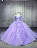 Ndyad Ball Gown Jewel Tulle Long Prom Dresses Applique Beading Purple Quinceanera Dresses Sweet 16 Dresses HZ1024
