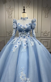 Ndyad Style Ball Gown Tulle Long Prom Dresses Appliqu¨¦ Beading Light Blue Quinceanera Dresses Sweet 16 Dresses HZ1024