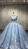 Ndyad Style Ball Gown Tulle Long Prom Dresses Appliqu¨¦ Beading Light Blue Quinceanera Dresses Sweet 16 Dresses HZ1024