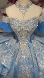 Ndyad Ball Gown Off-the-Shoulder Tulle Long Prom Dresses Appliqu¨¦ Beading Blue Quinceanera Dresses Sweet 16 Dresses HZ1024