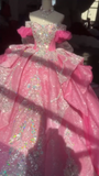 Ndyad Ball Gown Off-the-Shoulder Tulle Long Prom Dresses Appliqu¨¦ Beading Fuchsia Quinceanera Dresses Sweet 16 Dresses HZ1024