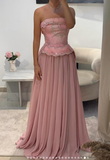 Ndyad Strapless Sheath Long Prom Dresses Chiffon Pink Guest Dresses Sleeveless Pink Formal Evening Gowns HZ1024