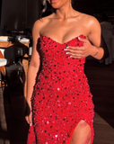 Ndyad Sweetheart Neck Sheath Long Prom Dresses with Slit Sequin Burgundy Evening Gowns HZ1024