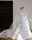 Ndyad Off-the-shoulder A-Line Wedding Dresses Lace Appliques White Bridal Gowns Long Sleeve Bridal Dresses HZ1024