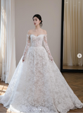 Ndyad Off-the-shoulder A-Line Wedding Dresses Lace Appliques White Bridal Gowns Long Sleeve Bridal Dresses HZ1024