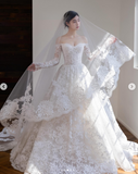 Ndyad Off-the-shoulder A-Line Wedding Dresses Lace Appliques White Bridal Gowns Long Sleeve Bridal Dresses HZ1024