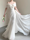 Ndyad Off-the-shoulder Mermaid Wedding Dresses Tulle White Bridal Gowns Simple Bridal Dresses HZ1024