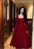 Evafashion A-Line Formal Dresses Burgundy Birthday Dresses Long Sleeves Guest Dresses HZ1024