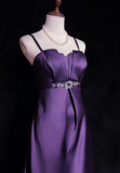 Ndyad Sheath Dark Purple Formal Dresses Spaghetti Straps Guest Dresses Satin Short Prom Dresses HZ1024