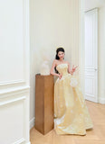 Ndyad Strapless A-Line Long Prom Dresses Satin Butter Yellow Long Formal Dresses, Cute Birthday Dresses HZ1024