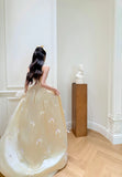Ndyad Strapless A-Line Long Prom Dresses Satin Butter Yellow Long Formal Dresses, Cute Birthday Dresses HZ1024