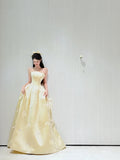 Ndyad Strapless A-Line Long Prom Dresses Satin Butter Yellow Long Formal Dresses, Cute Birthday Dresses HZ1024