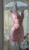 Ndyad Halter Sheath Short Prom Dresses Embroidered Applique Homecoming Dresses Pink Birthday Dresses HZ1024