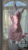 Ndyad Halter Sheath Short Prom Dresses Embroidered Applique Homecoming Dresses Pink Birthday Dresses HZ1024