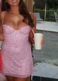 Ndyad Spaghetti Straps Sheath Short Sheath Prom Dresses Pink Birthday Dresses Tulle Rhinestone Sparkly Homecoming Dresses HZ1024