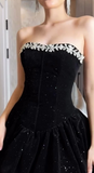 Ndyad A-Line Short Prom Dresses Strapless Black Birthday Dresses Velvet Sequin Homecoming Dresses HZ1024