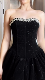 Ndyad A-Line Short Prom Dresses Strapless Black Birthday Dresses Velvet Sequin Homecoming Dresses HZ1024